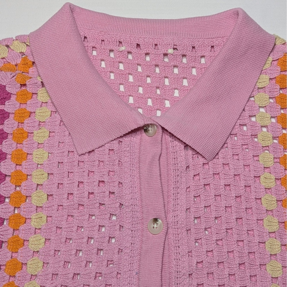 Crochet Open Stitch Pink Patchwork Boho Button Front Polo Cardigan Top M L - Picture 2 of 8